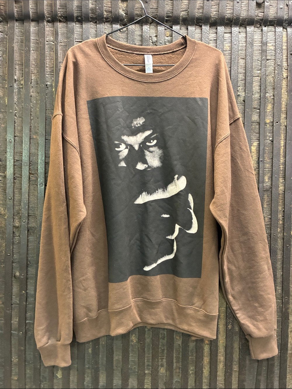 Jerzees Men's Brown Graphic Crewneck Sweatshirt with Portrait Print